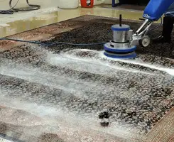 Professional rug cleaning with a rotary floor machine and shampoo foam, deep-cleaning an area rug, in Stamford, CT.